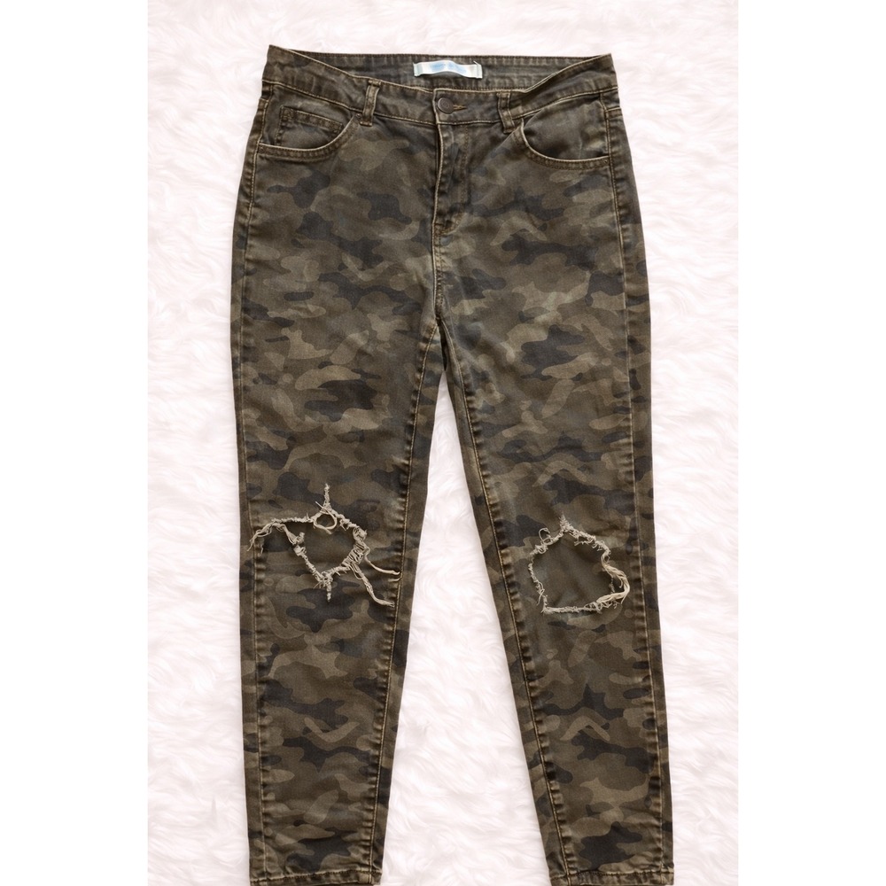 Highway Jeans Camo Skinny Jeans Womens 11/12 Distressed Knee Olive Green Y2K